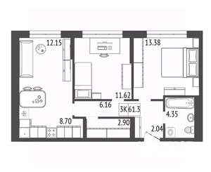 3-к квартира, вторичка, 61м2, 16/17 этаж