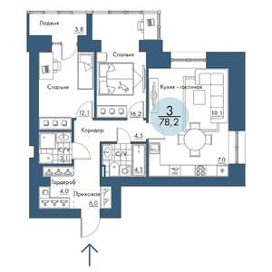 3-к квартира, строящийся дом, 78м2, 9/17 этаж
