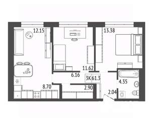 3-к квартира, вторичка, 61м2, 3/17 этаж