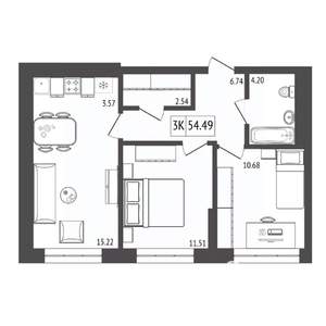 3-к квартира, строящийся дом, 54м2, 3/17 этаж