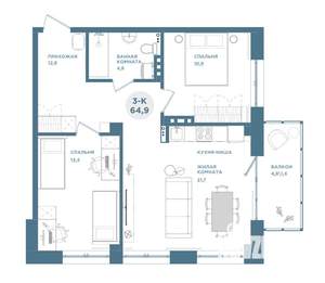 3-к квартира, строящийся дом, 65м2, 18/19 этаж