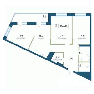 3-к квартира, строящийся дом, 91м2, 14/24 этаж