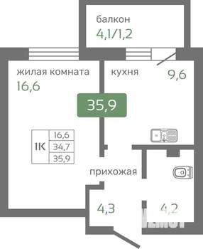1-к квартира, строящийся дом, 35м2, 2/19 этаж
