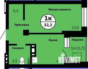 1-к квартира, строящийся дом, 32м2, 8/26 этаж