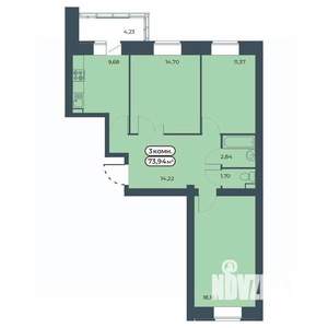 3-к квартира, строящийся дом, 74м2, 6/9 этаж