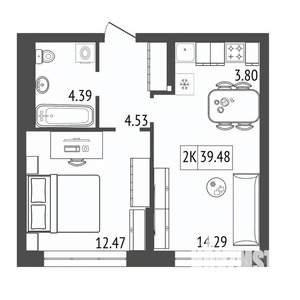 2-к квартира, строящийся дом, 39м2, 13/17 этаж