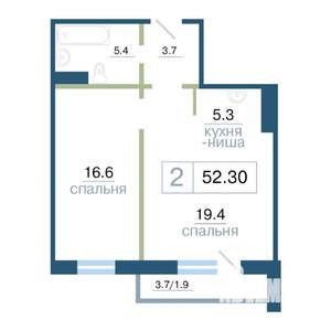 2-к квартира, строящийся дом, 52м2, 11/17 этаж
