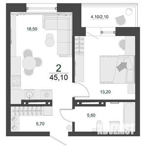 2-к квартира, строящийся дом, 45м2, 10/23 этаж