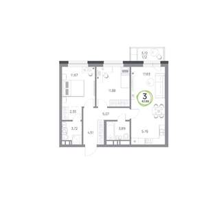 3-к квартира, строящийся дом, 68м2, 2/17 этаж