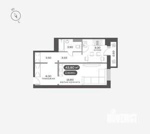 1-к квартира, вторичка, 44м2, 8/17 этаж