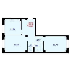 2-к квартира, вторичка, 64м2, 1/9 этаж