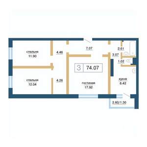 3-к квартира, вторичка, 74м2, 16/17 этаж