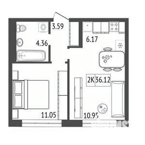 2-к квартира, вторичка, 36м2, 2/17 этаж