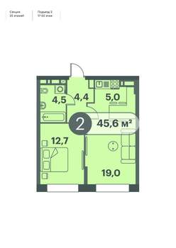 2-к квартира, строящийся дом, 46м2, 18/25 этаж