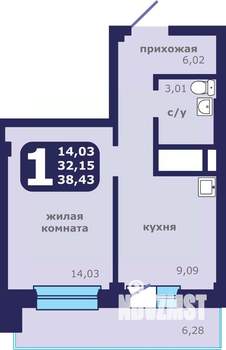 1-к квартира, строящийся дом, 38м2, 15/25 этаж