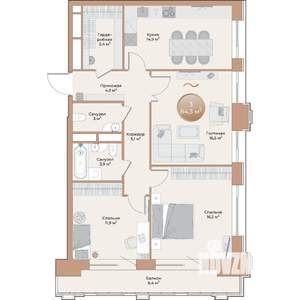 3-к квартира, строящийся дом, 84м2, 10/24 этаж