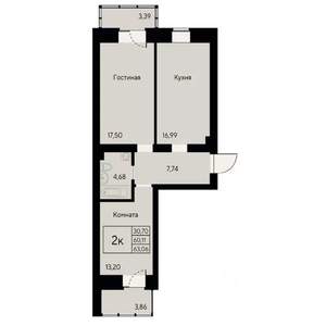 2-к квартира, вторичка, 64м2, 3/8 этаж