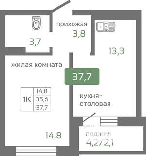 1-к квартира, строящийся дом, 36м2, 5/19 этаж