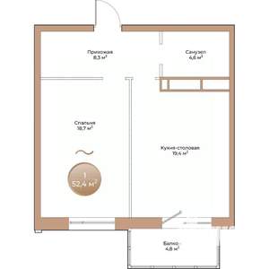 1-к квартира, вторичка, 52м2, 17/24 этаж