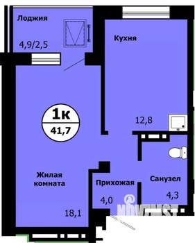 1-к квартира, строящийся дом, 41м2, 2/19 этаж