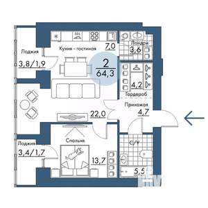 2-к квартира, строящийся дом, 64м2, 13/17 этаж