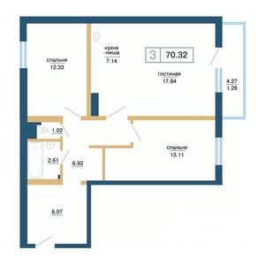 3-к квартира, вторичка, 70м2, 3/17 этаж