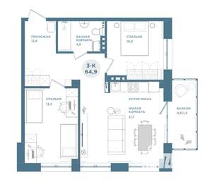 3-к квартира, строящийся дом, 65м2, 16/19 этаж