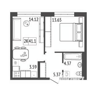 2-к квартира, строящийся дом, 41м2, 6/17 этаж