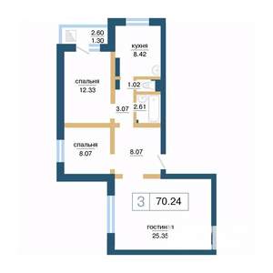 3-к квартира, вторичка, 70м2, 12/17 этаж