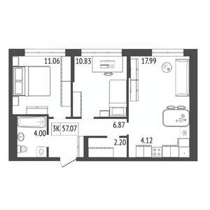 3-к квартира, строящийся дом, 57м2, 10/17 этаж