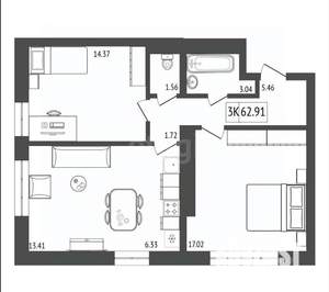 3-к квартира, вторичка, 63м2, 11/17 этаж