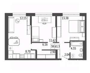 3-к квартира, вторичка, 61м2, 6/17 этаж