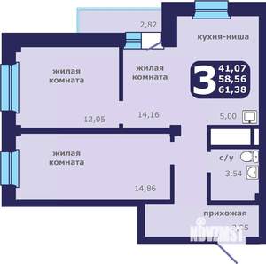 3-к квартира, вторичка, 61м2, 14/25 этаж