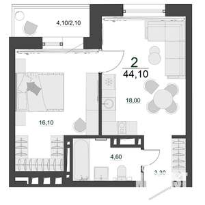2-к квартира, строящийся дом, 44м2, 10/23 этаж