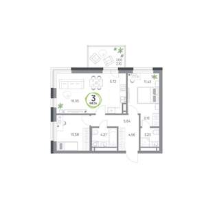 3-к квартира, вторичка, 68м2, 2/9 этаж