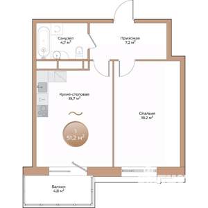 1-к квартира, вторичка, 51м2, 17/24 этаж