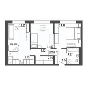 3-к квартира, строящийся дом, 61м2, 13/17 этаж
