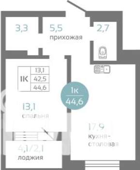 1-к квартира, строящийся дом, 45м2, 8/19 этаж
