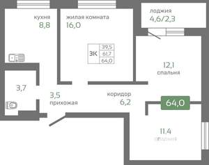 3-к квартира, строящийся дом, 64м2, 19/19 этаж