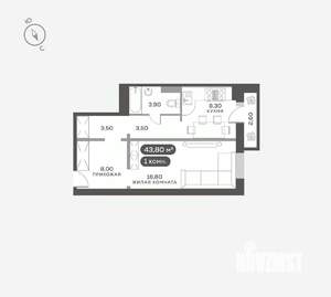 1-к квартира, вторичка, 44м2, 7/17 этаж