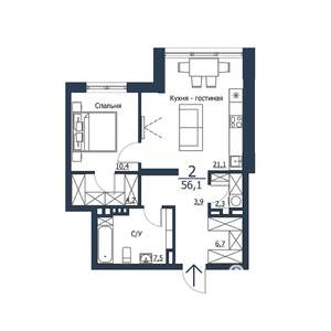 2-к квартира, строящийся дом, 56м2, 18/23 этаж
