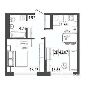 2-к квартира, строящийся дом, 42м2, 16/17 этаж