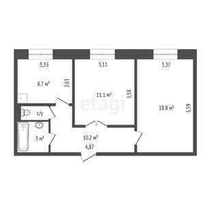 2-к квартира, вторичка, 53м2, 1/5 этаж