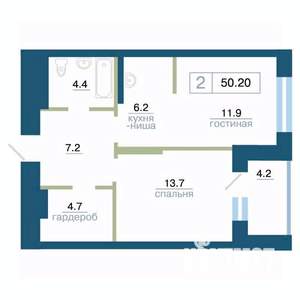 2-к квартира, строящийся дом, 50м2, 22/24 этаж