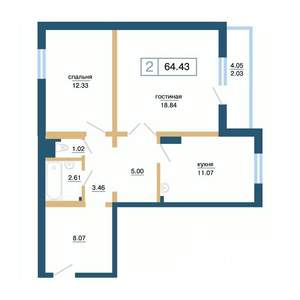 2-к квартира, строящийся дом, 64м2, 4/17 этаж