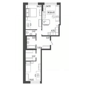 3-к квартира, строящийся дом, 67м2, 7/17 этаж