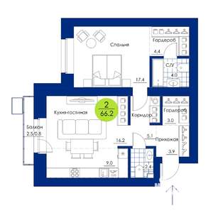 2-к квартира, вторичка, 66м2, 15/17 этаж