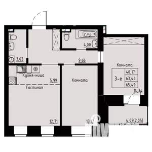 3-к квартира, строящийся дом, 66м2, 5/8 этаж