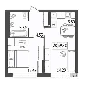 2-к квартира, строящийся дом, 39м2, 17/17 этаж