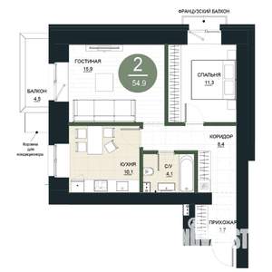2-к квартира, строящийся дом, 55м2, 6/17 этаж